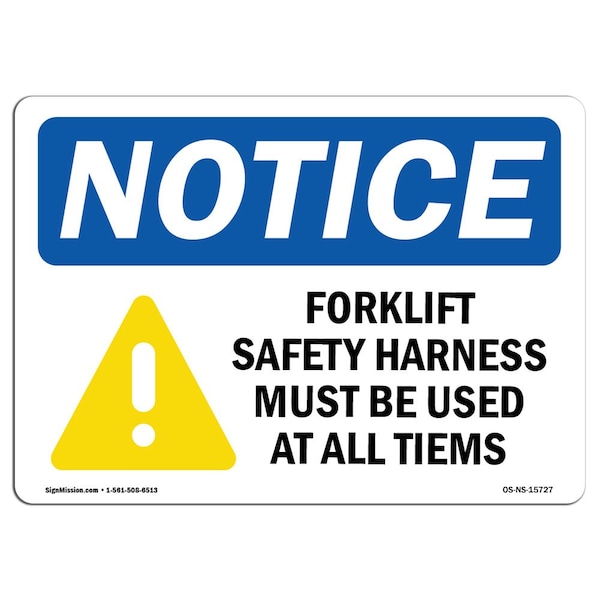OSHA Sign, Forklift Harness Must Used, 5in X 3.5in Decal, 10PK, 5" W, 3.5" H, Landscape, PK10
